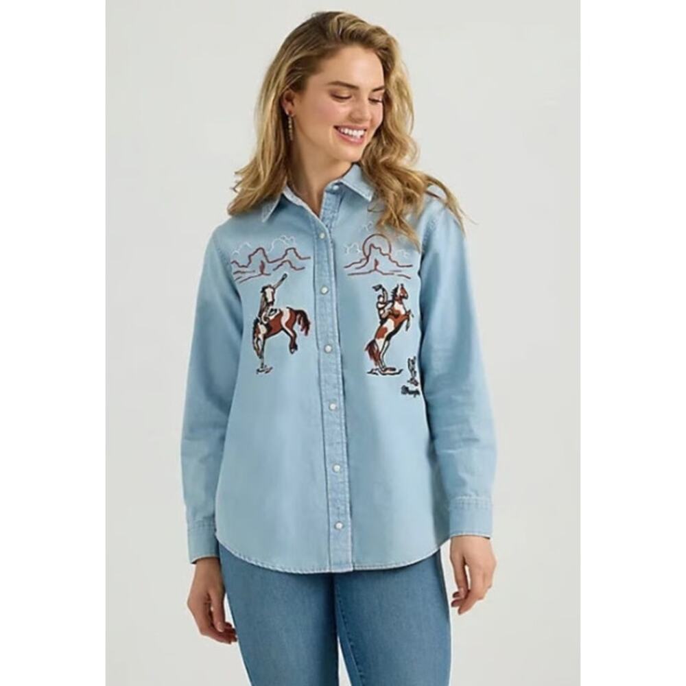 Wrangler Light Blue Western Embroidered Blouse